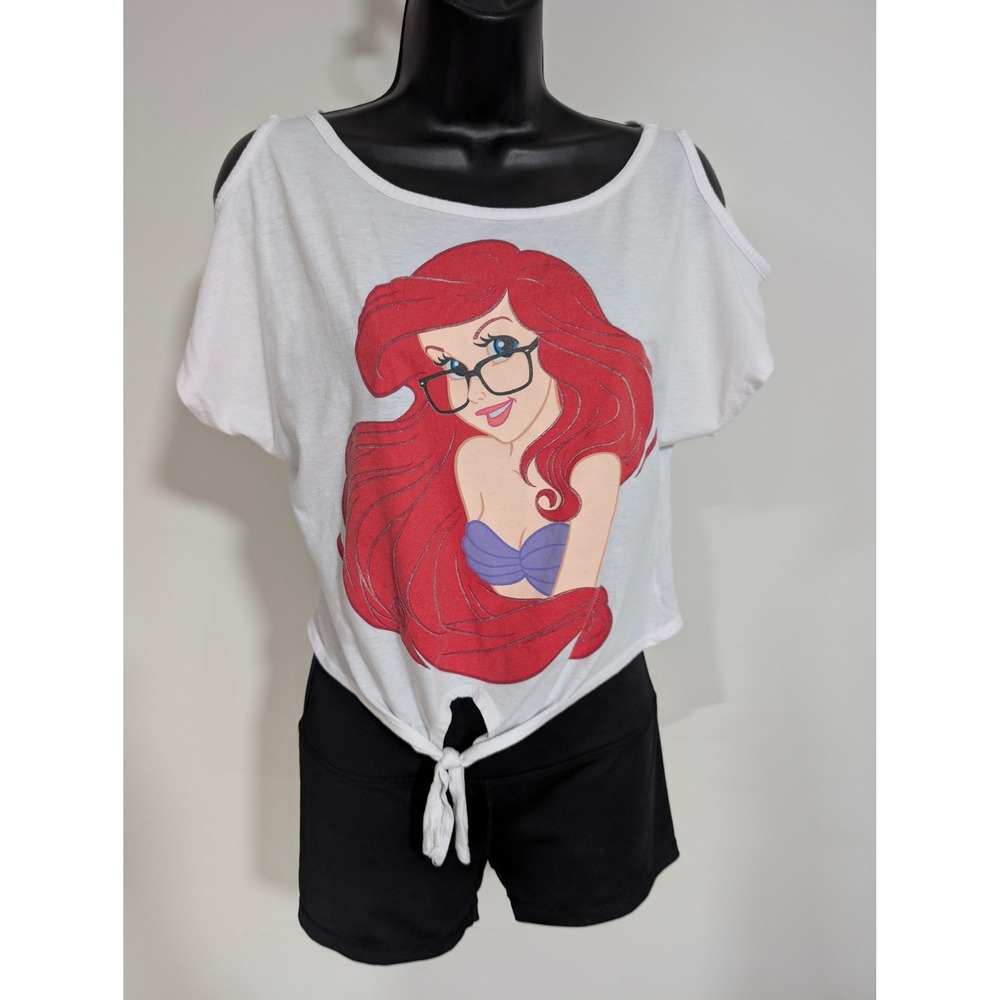 Disney Ariel Little Mermaid Graphic Cold Shoulder Shirt Tie Front Top Medium
